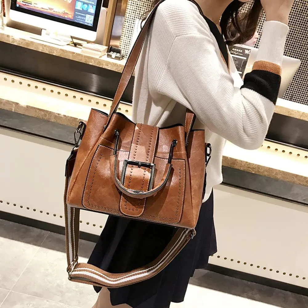 Classic Retro Top Handle Satchel Handbag for Women - Big Capacity Rivet Crossbody Bucket Bag (Black)