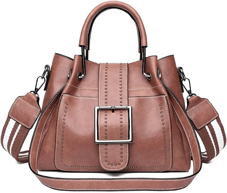 Classic Retro Top Handle Satchel Handbag for Women - Big Capacity Rivet Crossbody Bucket Bag (Black)