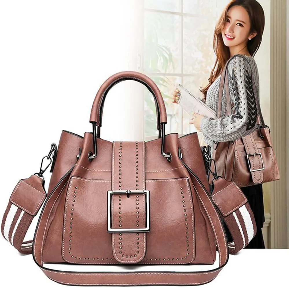 Classic Retro Top Handle Satchel Handbag for Women - Big Capacity Rivet Crossbody Bucket Bag (Black)