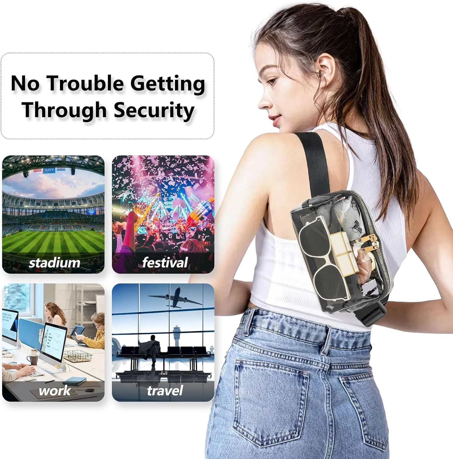 Clear Fanny Pack Belt Bag Stadium Approved for Women Men with Adjustable Strap Water-resistant Waist bag Clear Purse for Travel Workout Running Hiking(Black)