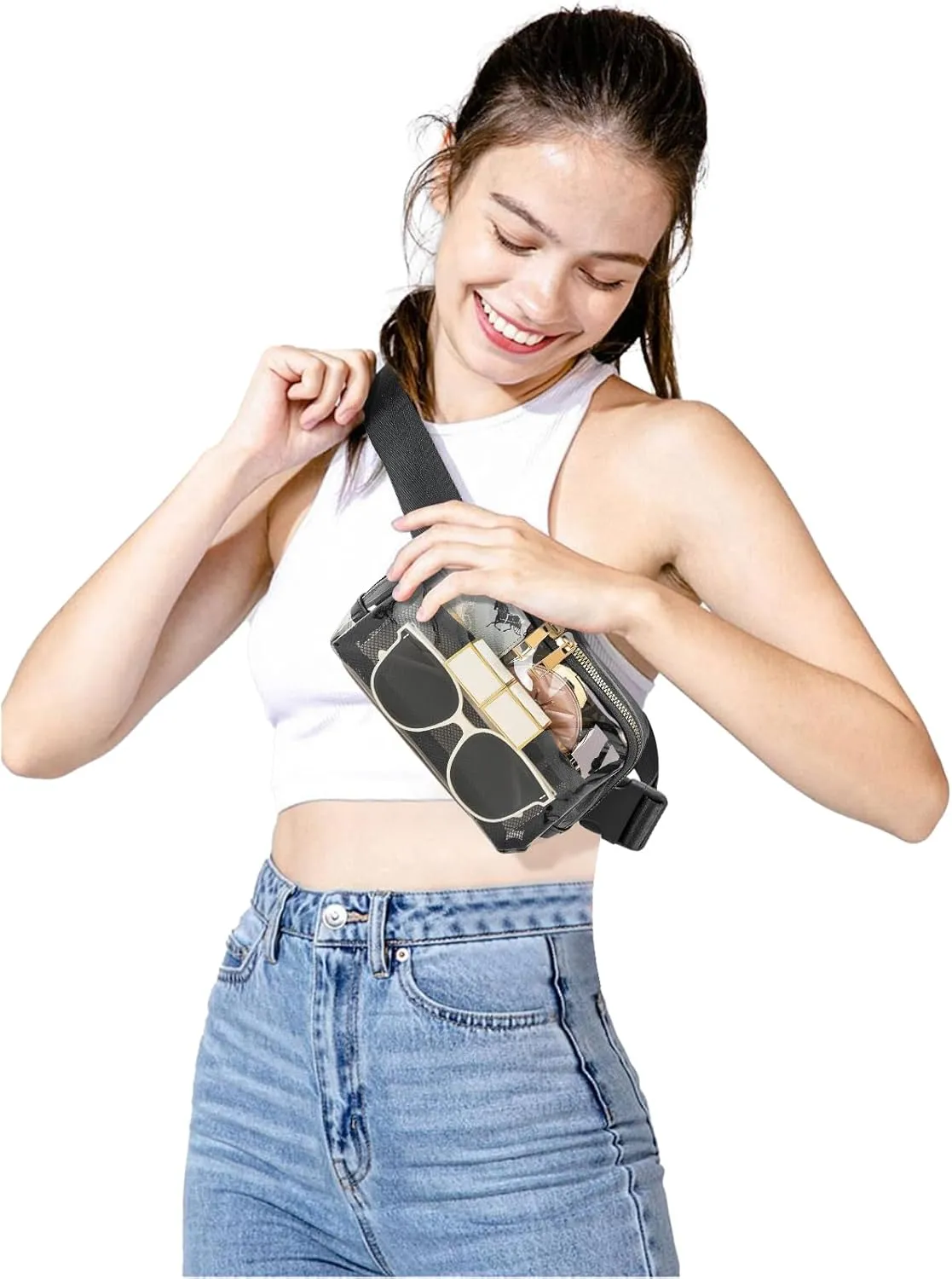 Clear Fanny Pack Belt Bag Stadium Approved for Women Men with Adjustable Strap Water-resistant Waist bag Clear Purse for Travel Workout Running Hiking(Black)