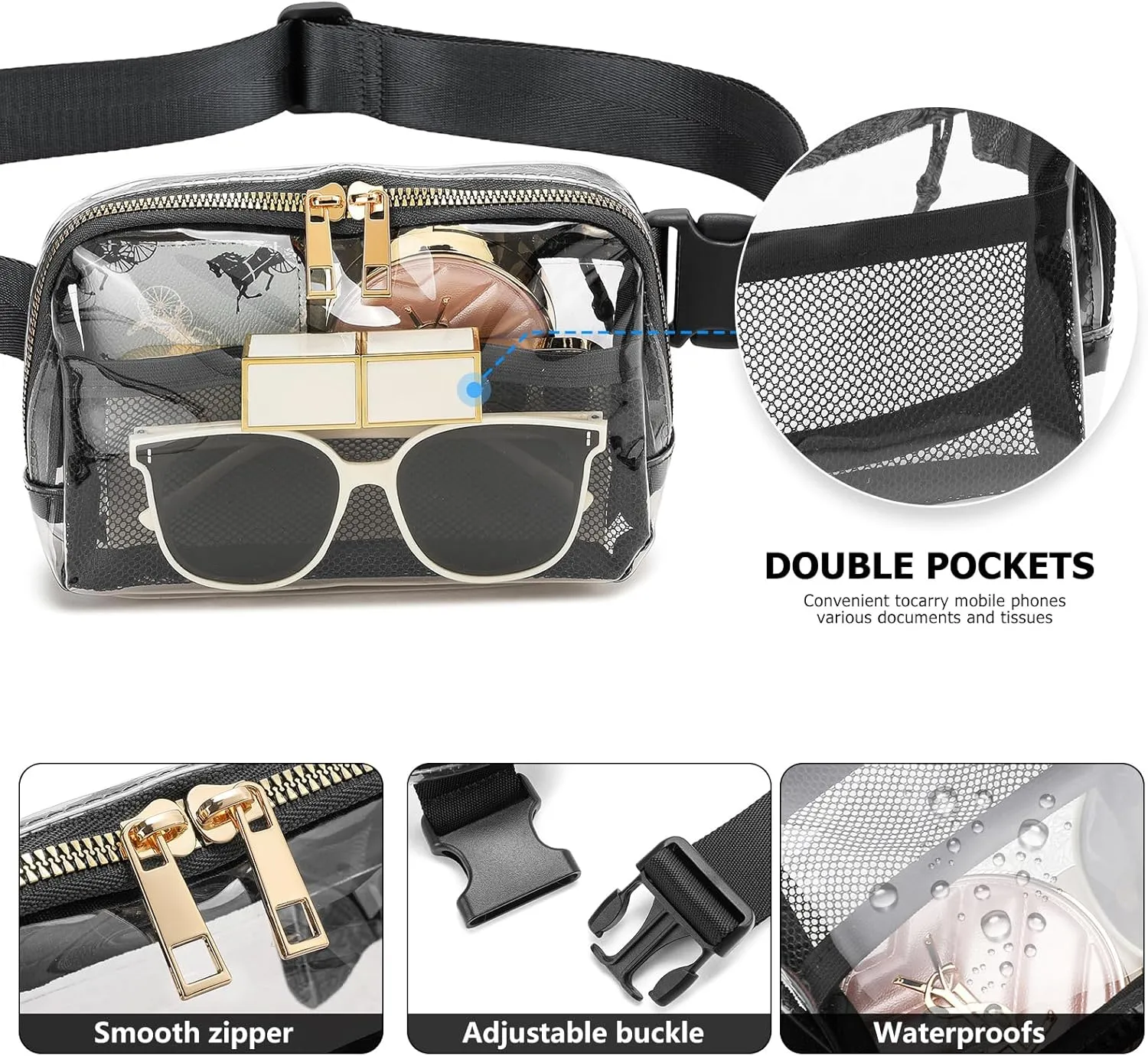 Clear Fanny Pack Belt Bag Stadium Approved for Women Men with Adjustable Strap Water-resistant Waist bag Clear Purse for Travel Workout Running Hiking(Black)