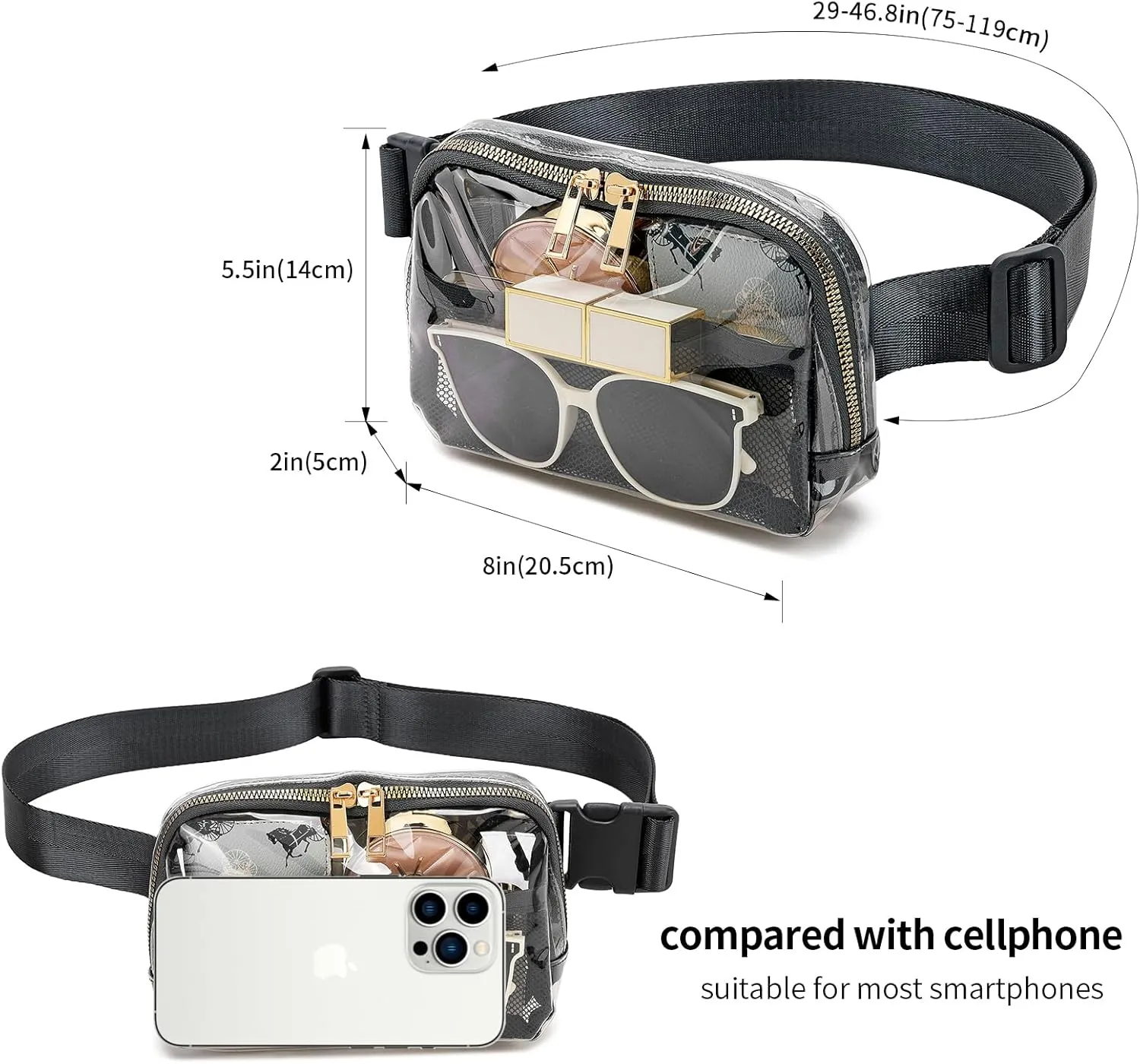 Clear Fanny Pack Belt Bag Stadium Approved for Women Men with Adjustable Strap Water-resistant Waist bag Clear Purse for Travel Workout Running Hiking(Black)