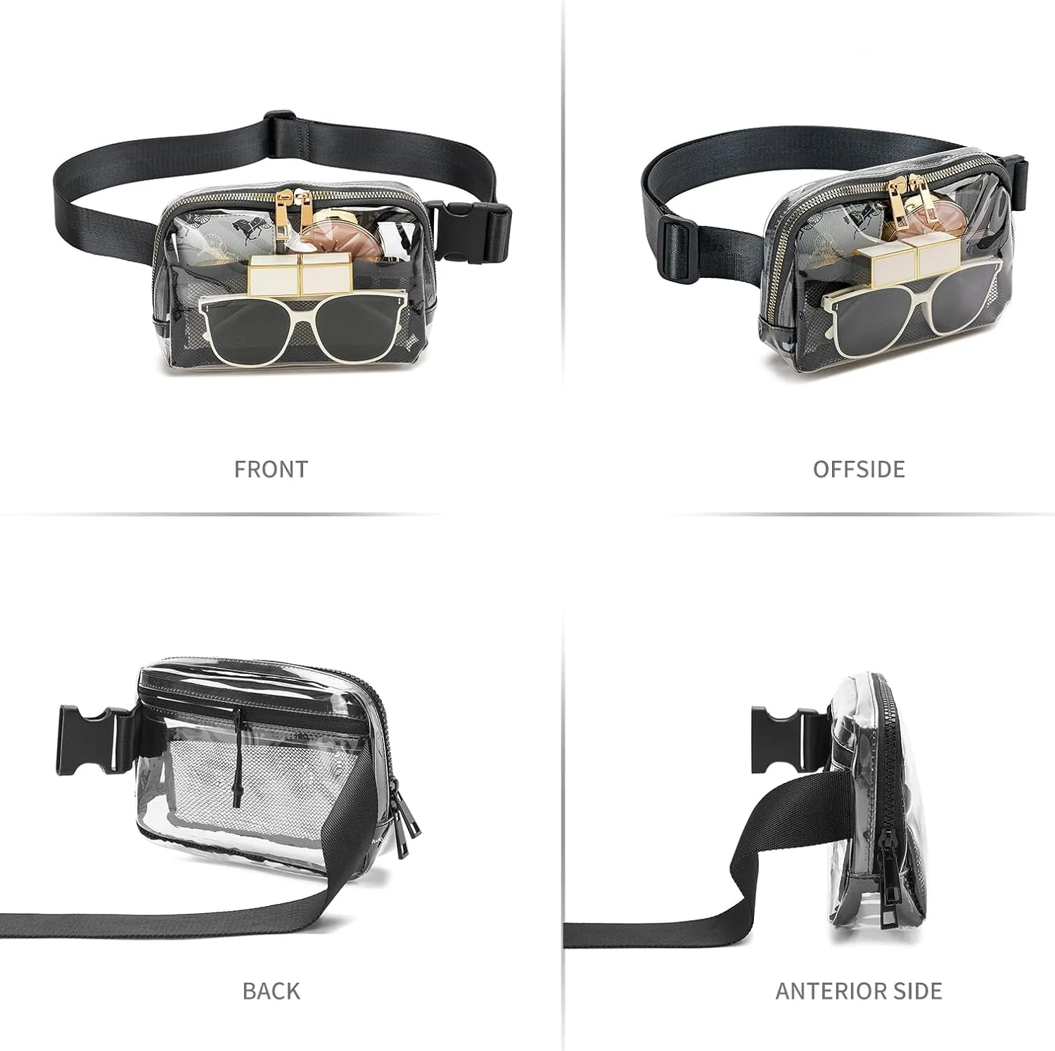 Clear Fanny Pack Belt Bag Stadium Approved for Women Men with Adjustable Strap Water-resistant Waist bag Clear Purse for Travel Workout Running Hiking(Black)