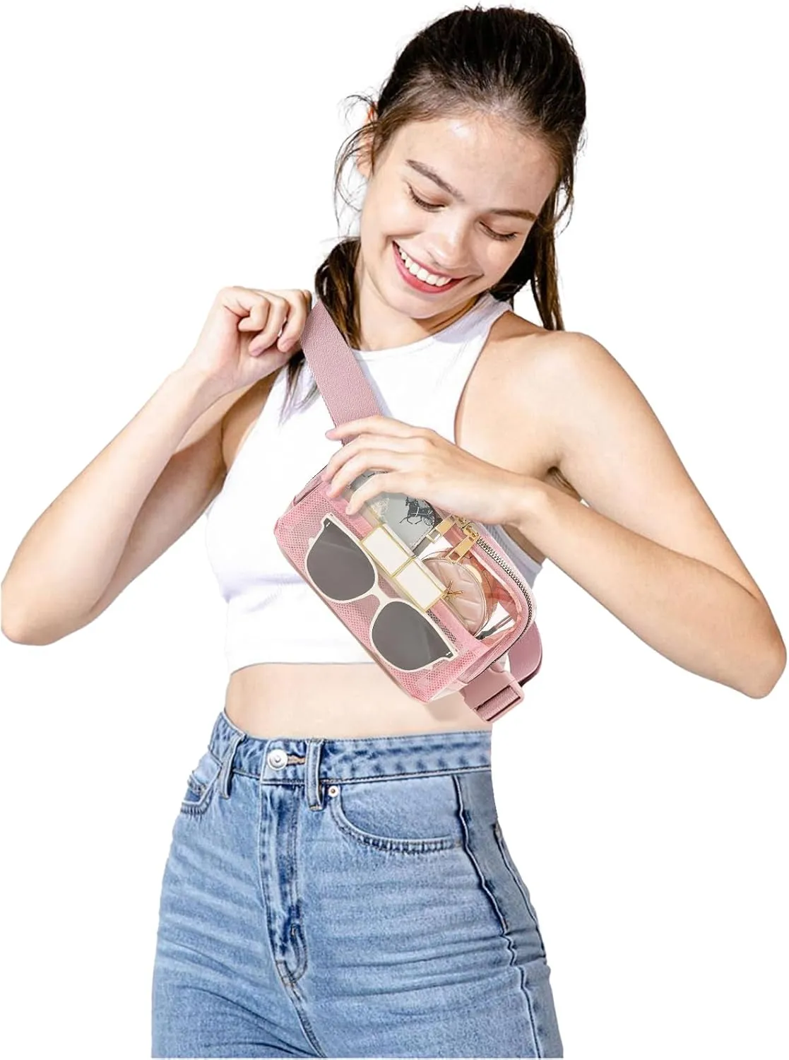 Clear Fanny Pack Belt Bag Stadium Approved for Women Men with Adjustable Strap Water-resistant Waist bag Clear Purse for Travel Workout Running Hiking(Pink）