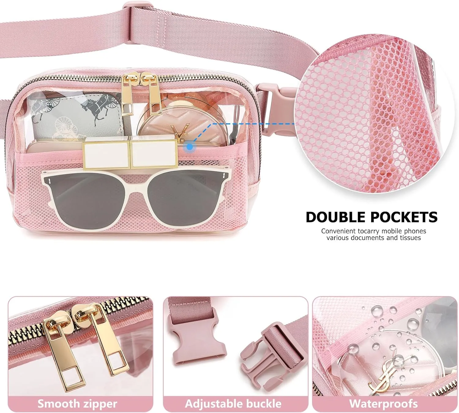 Clear Fanny Pack Belt Bag Stadium Approved for Women Men with Adjustable Strap Water-resistant Waist bag Clear Purse for Travel Workout Running Hiking(Pink）