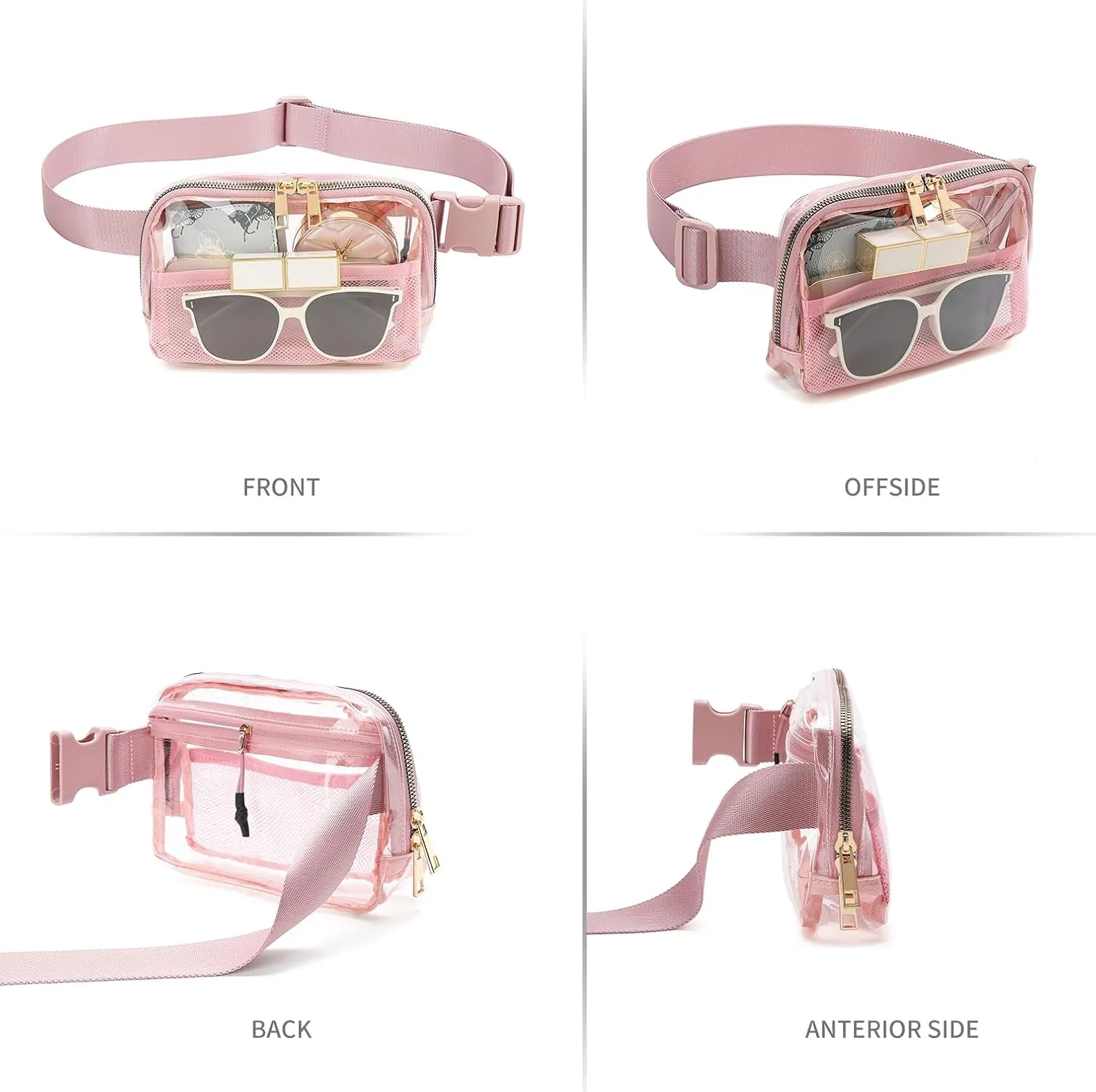 Clear Fanny Pack Belt Bag Stadium Approved for Women Men with Adjustable Strap Water-resistant Waist bag Clear Purse for Travel Workout Running Hiking(Pink）