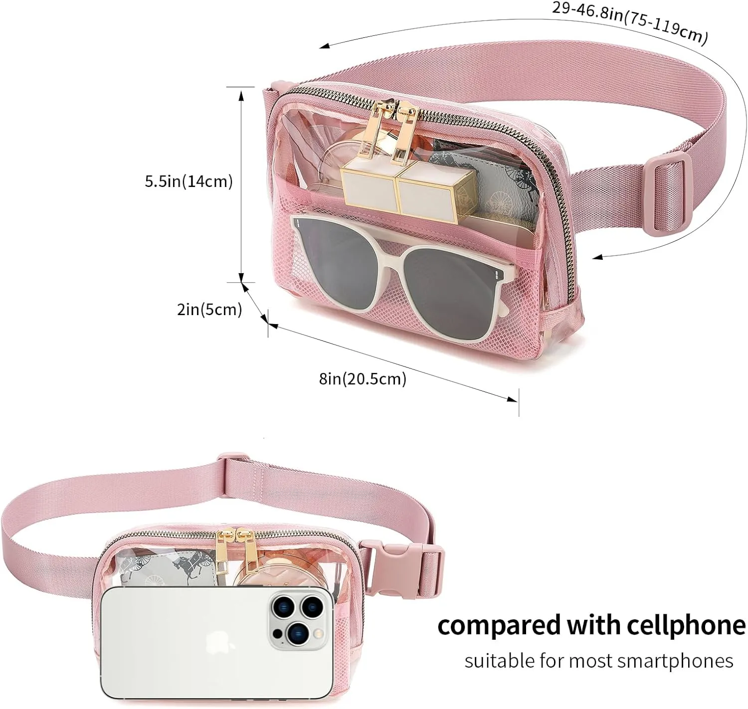 Clear Fanny Pack Belt Bag Stadium Approved for Women Men with Adjustable Strap Water-resistant Waist bag Clear Purse for Travel Workout Running Hiking(Pink）