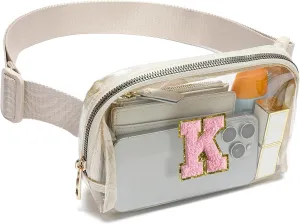 Clear Fanny Pack Belt Bag Stadium Approved for Women Men with Inital Letters Adjustable Strap Water-resistant Waist bag Clear Purse(Beige,K)
