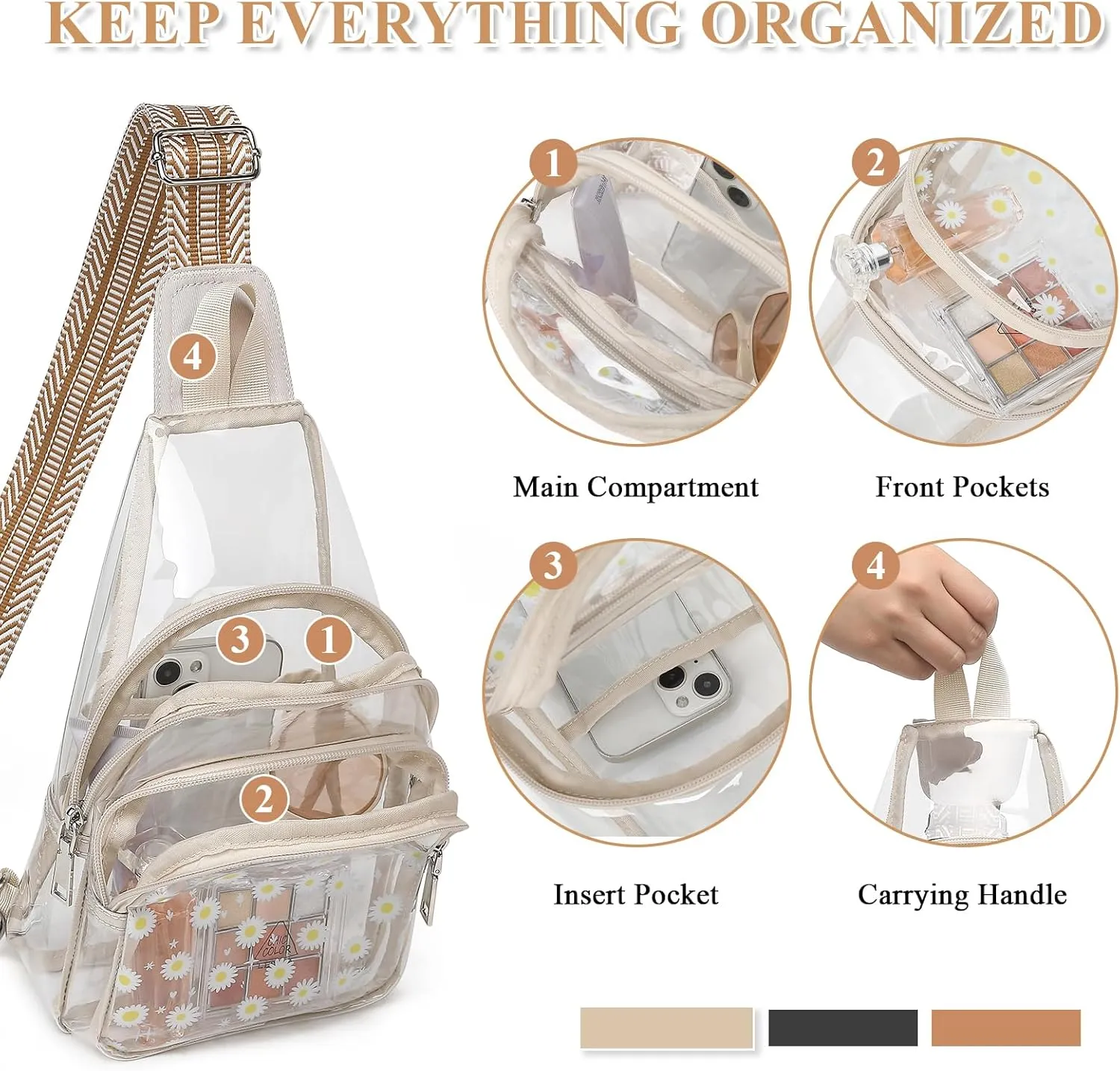 Clear Sling Bag for Stadium Events, Clear Crossbody Bag Stadium Approved, Waterproof Concert Bags for Women, Small