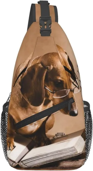 Clever Dachshund Dog Professor Sling Bag Chest Crossbody Shoulder Bag Unisex Travel Hiking Backpack For Women Men