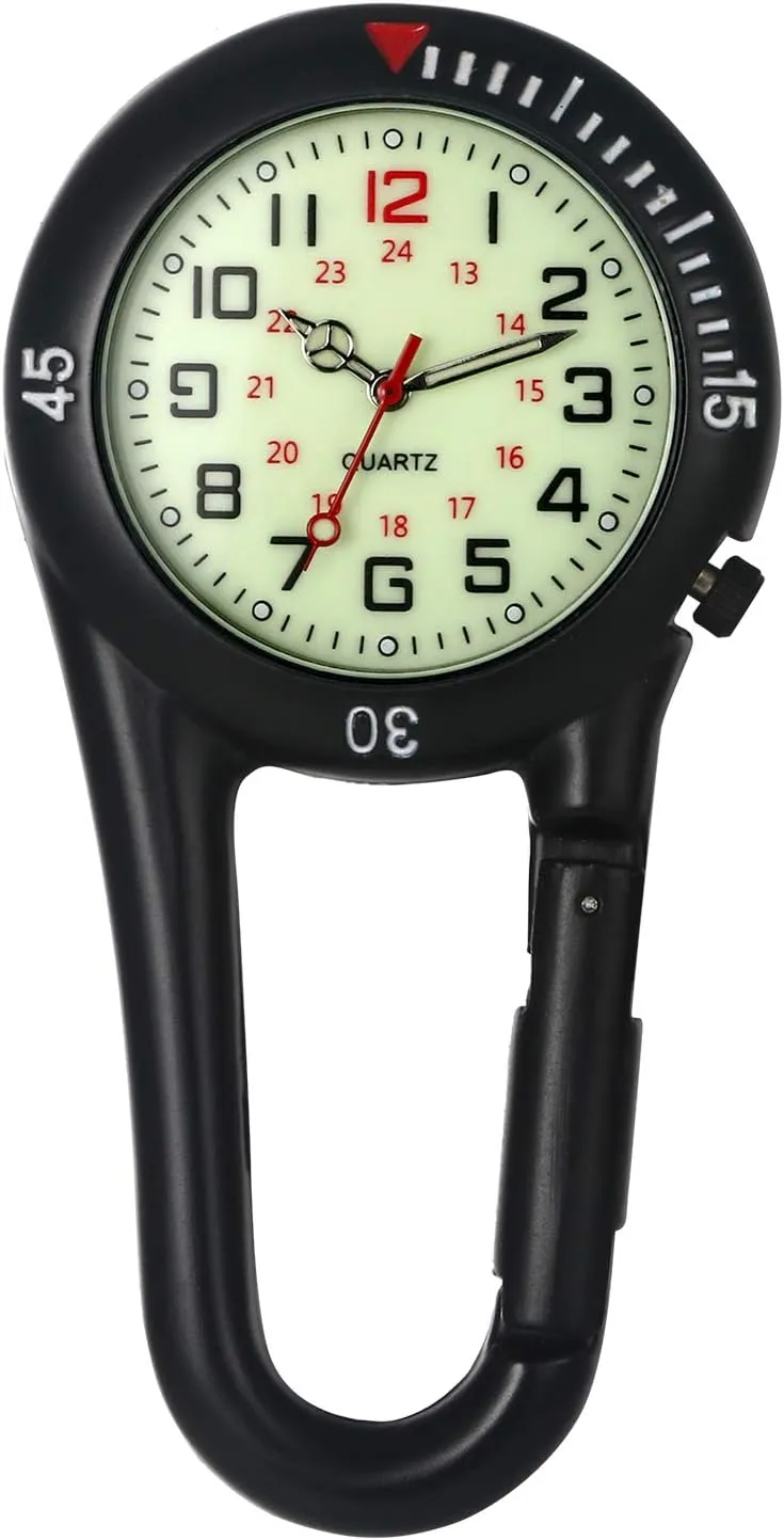 Clip on Watch Carabiner: Men Women Glow in The Dark Fob Watch Waterproof Pocket Watch Novelty Watches for Doctors Nurses Outdoor Activities