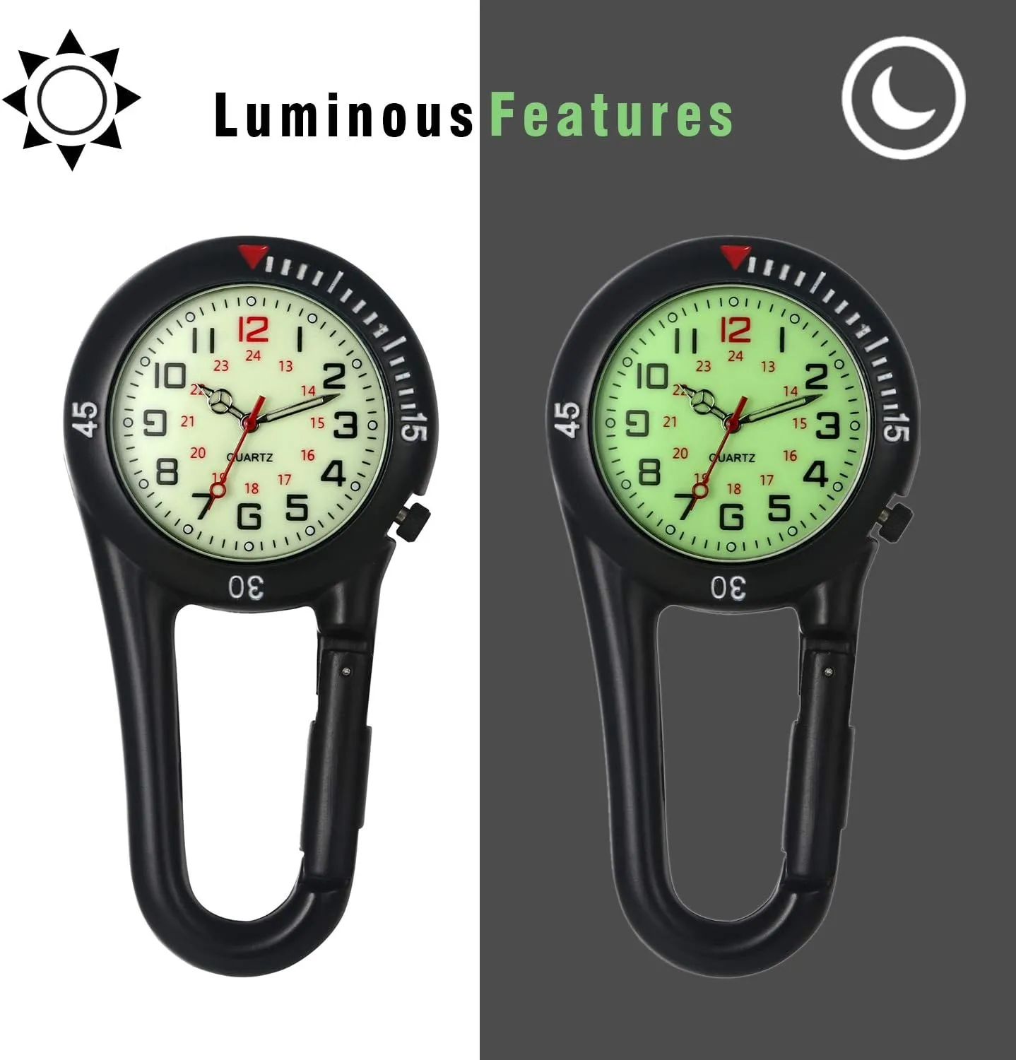 Clip on Watch Carabiner: Men Women Glow in The Dark Fob Watch Waterproof Pocket Watch Novelty Watches for Doctors Nurses Outdoor Activities