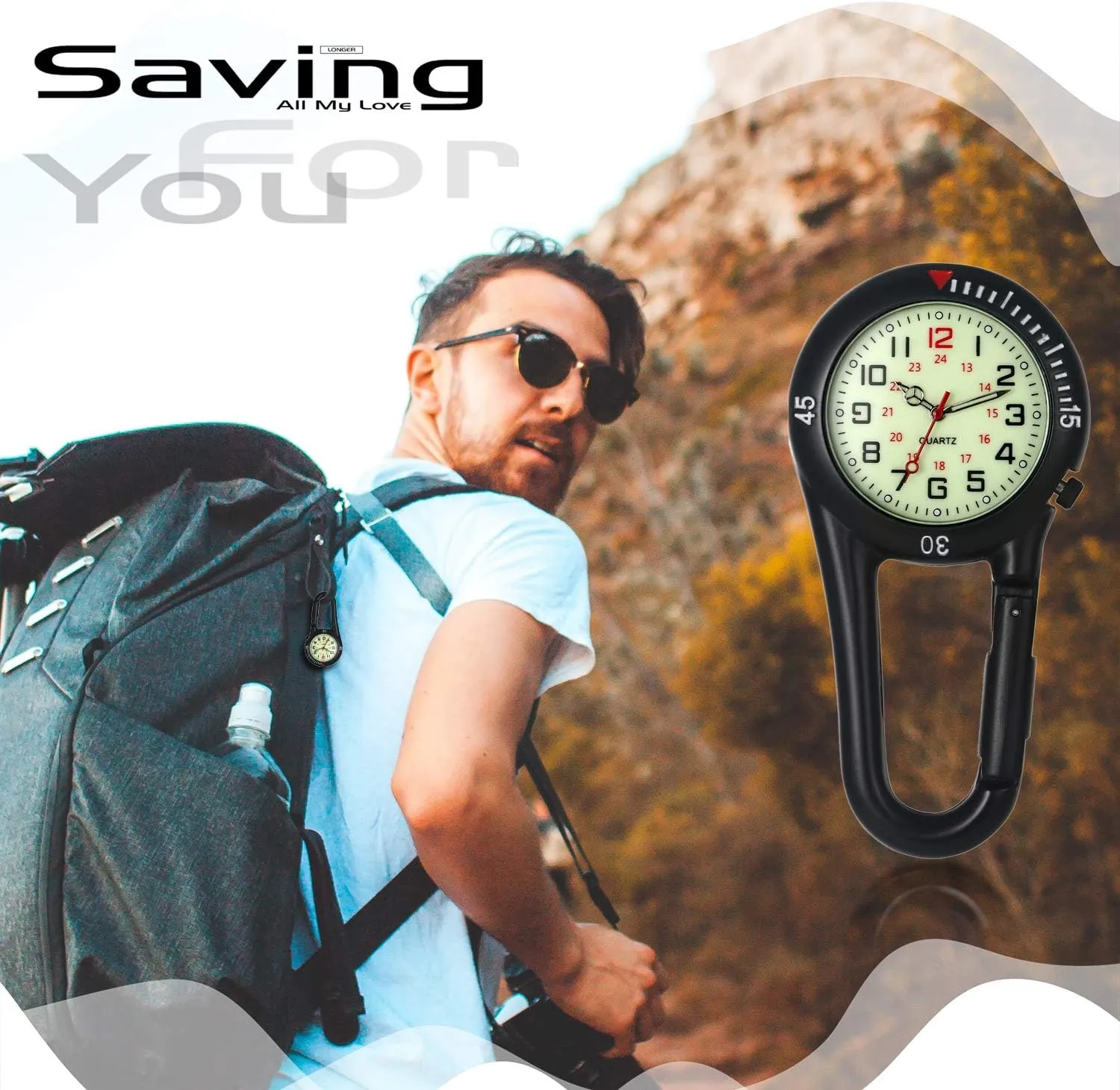 Clip on Watch Carabiner: Men Women Glow in The Dark Fob Watch Waterproof Pocket Watch Novelty Watches for Doctors Nurses Outdoor Activities