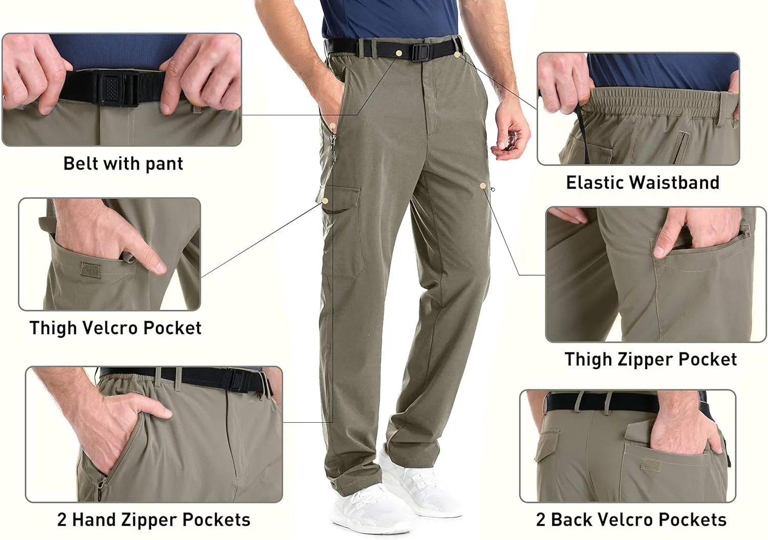 clothin Men's Elastic-Waist Travel Pant Stretchy Lightweight Pant Multi-Pockets Quick Dry Breathable