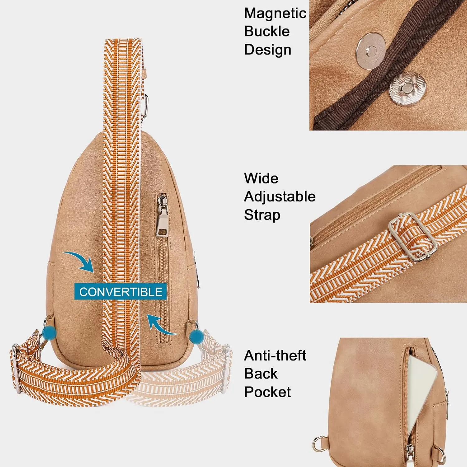 CLUCI Small Sling Bag for Women, Vegan Leather Fanny Pack Crossbody Bags for Women, Chest Bag With Guitar Strap
