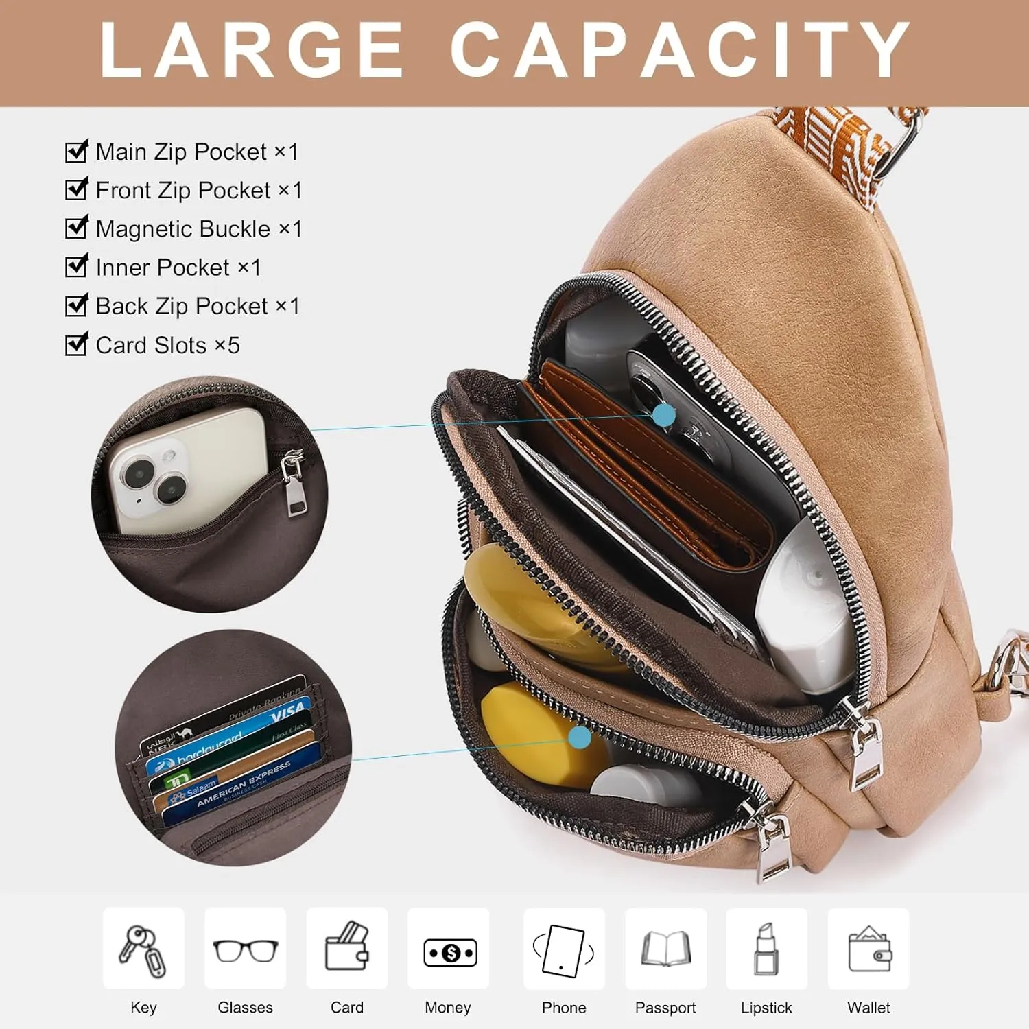 CLUCI Small Sling Bag for Women, Vegan Leather Fanny Pack Crossbody Bags for Women, Chest Bag With Guitar Strap