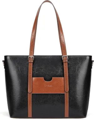 Cnoles Satchel Handbag for Women Ladies Vintage Genuine Leather 15.6 inch Laptop Tote Shoulder Bag Work Purse