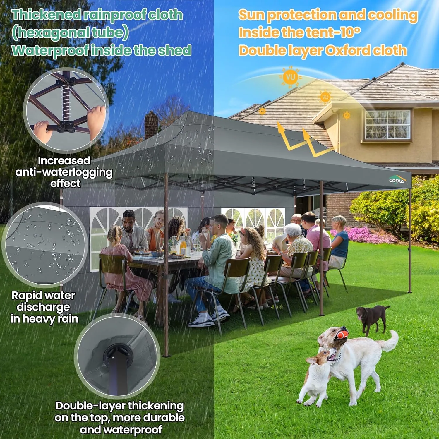 COBIZI 10x20 Pop Up Heavy Duty Canopy with 6 Sidewalls and Hexagonal Legs, Easy up Tent for Party, Commercial and Wedding, Outdoor Canopy with Roller Bag, Sand Bags, Waterproof & UPF50  (Gray)