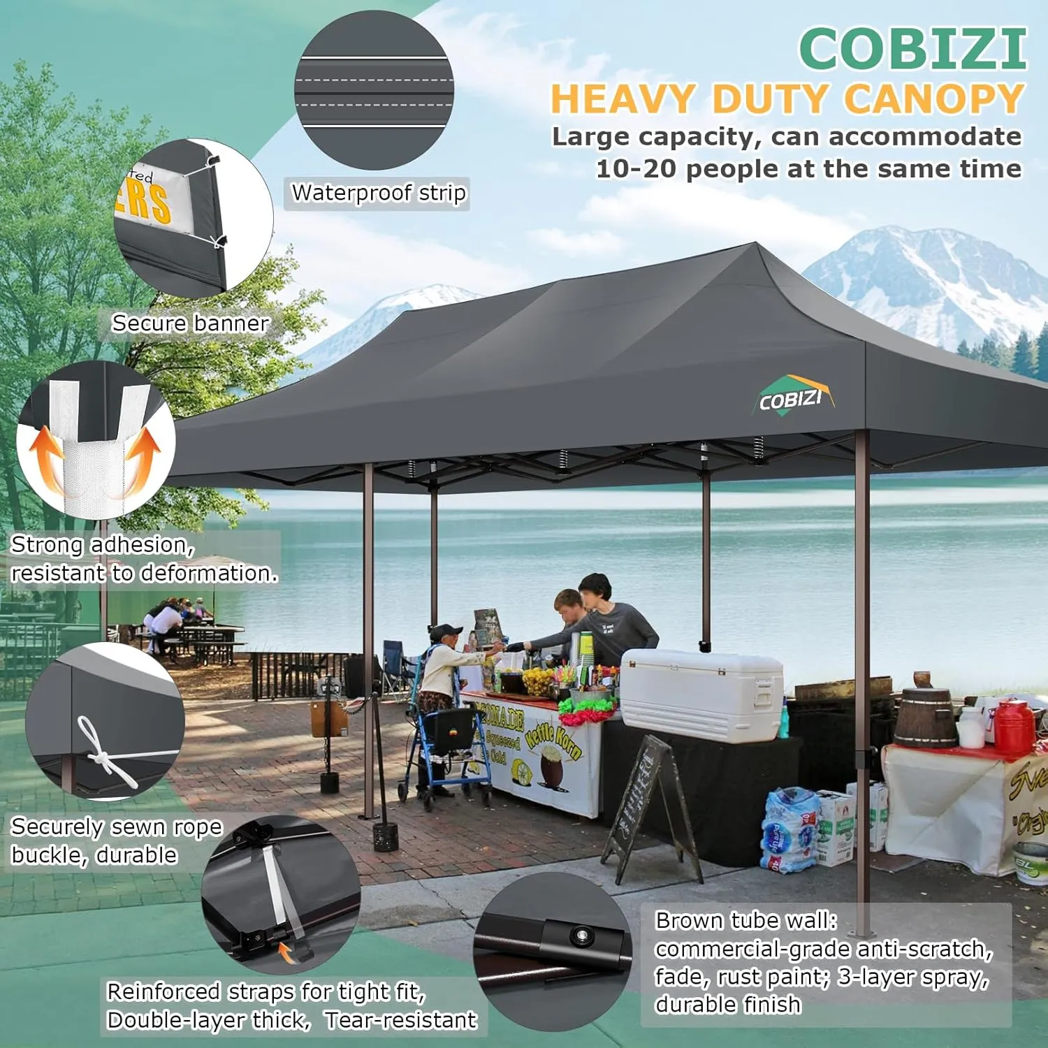 COBIZI 10x20 Pop Up Heavy Duty Canopy with 6 Sidewalls and Hexagonal Legs, Easy up Tent for Party, Commercial and Wedding, Outdoor Canopy with Roller Bag, Sand Bags, Waterproof & UPF50  (Gray)