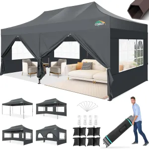 COBIZI 10x20 Pop Up Heavy Duty Canopy with 6 Sidewalls and Hexagonal Legs, Easy up Tent for Party, Commercial and Wedding, Outdoor Canopy with Roller Bag, Sand Bags, Waterproof & UPF50  (Gray)