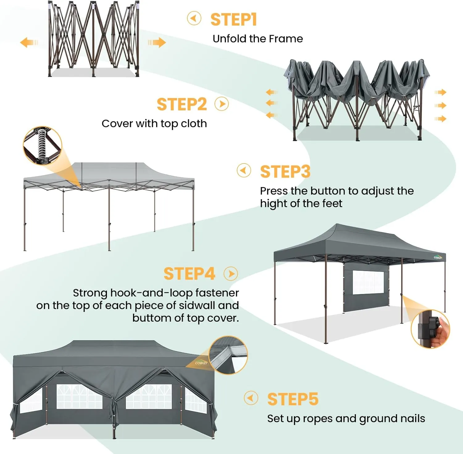COBIZI 10x20 Pop Up Heavy Duty Canopy with 6 Sidewalls and Hexagonal Legs, Easy up Tent for Party, Commercial and Wedding, Outdoor Canopy with Roller Bag, Sand Bags, Waterproof & UPF50  (Gray)