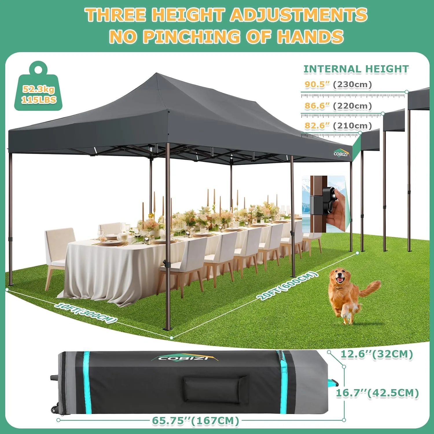 COBIZI 10x20 Pop Up Heavy Duty Canopy with 6 Sidewalls and Hexagonal Legs, Easy up Tent for Party, Commercial and Wedding, Outdoor Canopy with Roller Bag, Sand Bags, Waterproof & UPF50  (Gray)