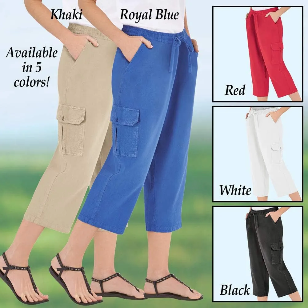 Collections Etc Elastic Waist Cargo Pocket Capri Pant