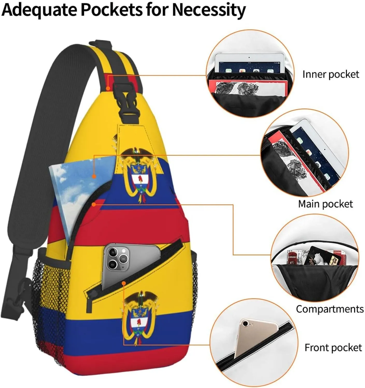 Colombia Coat of Arms Flag Colombian Flags Crossbody Bag Cross Chest Bag Adjustable Sling Backpack Sports Gym Shoulder Bags Travel Cycling Daypack Diagonally Casual Rucksack
