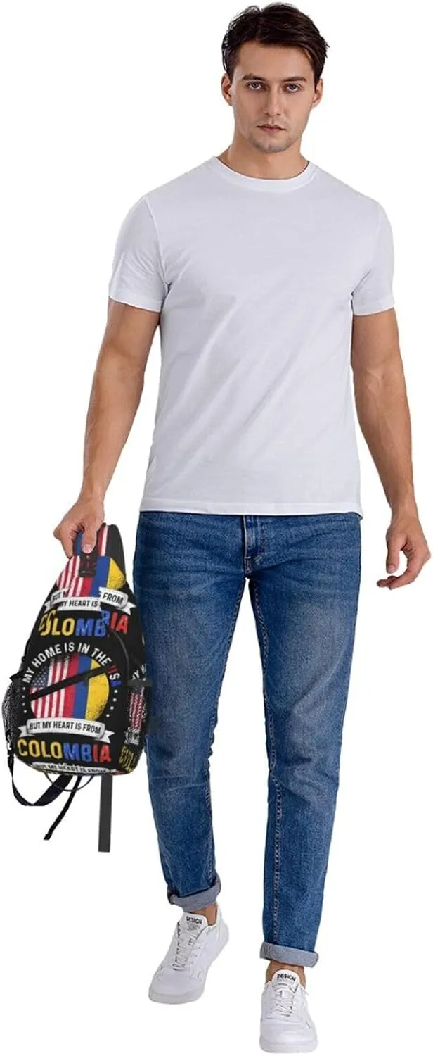 Colombian American Patriot Heart is From Colombia Flag Crossbody Bag Cross Chest Bag Adjustable Sling Backpack Sports Gym Shoulder Bags Travel Cycling Daypack Diagonally Casual Rucksack