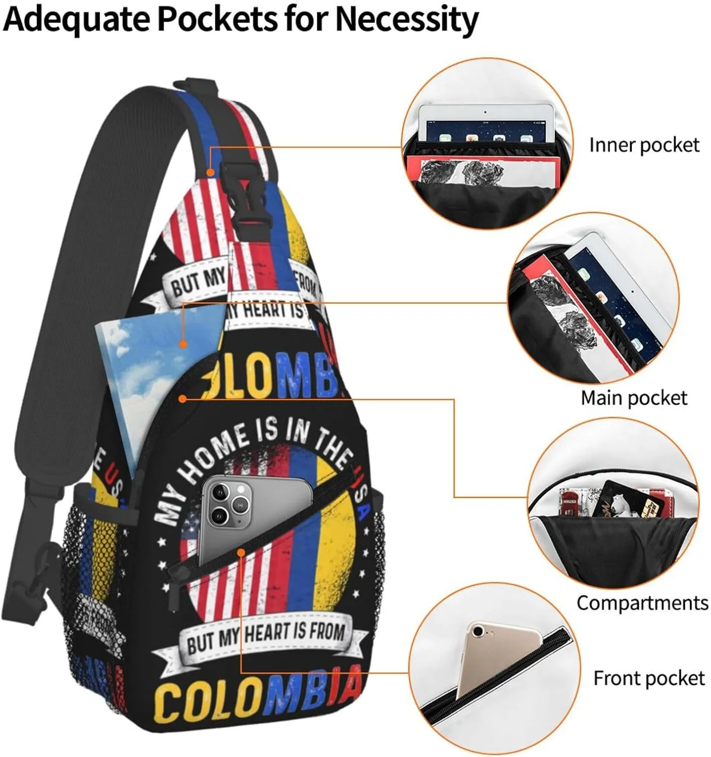 Colombian American Patriot Heart is From Colombia Flag Crossbody Bag Cross Chest Bag Adjustable Sling Backpack Sports Gym Shoulder Bags Travel Cycling Daypack Diagonally Casual Rucksack