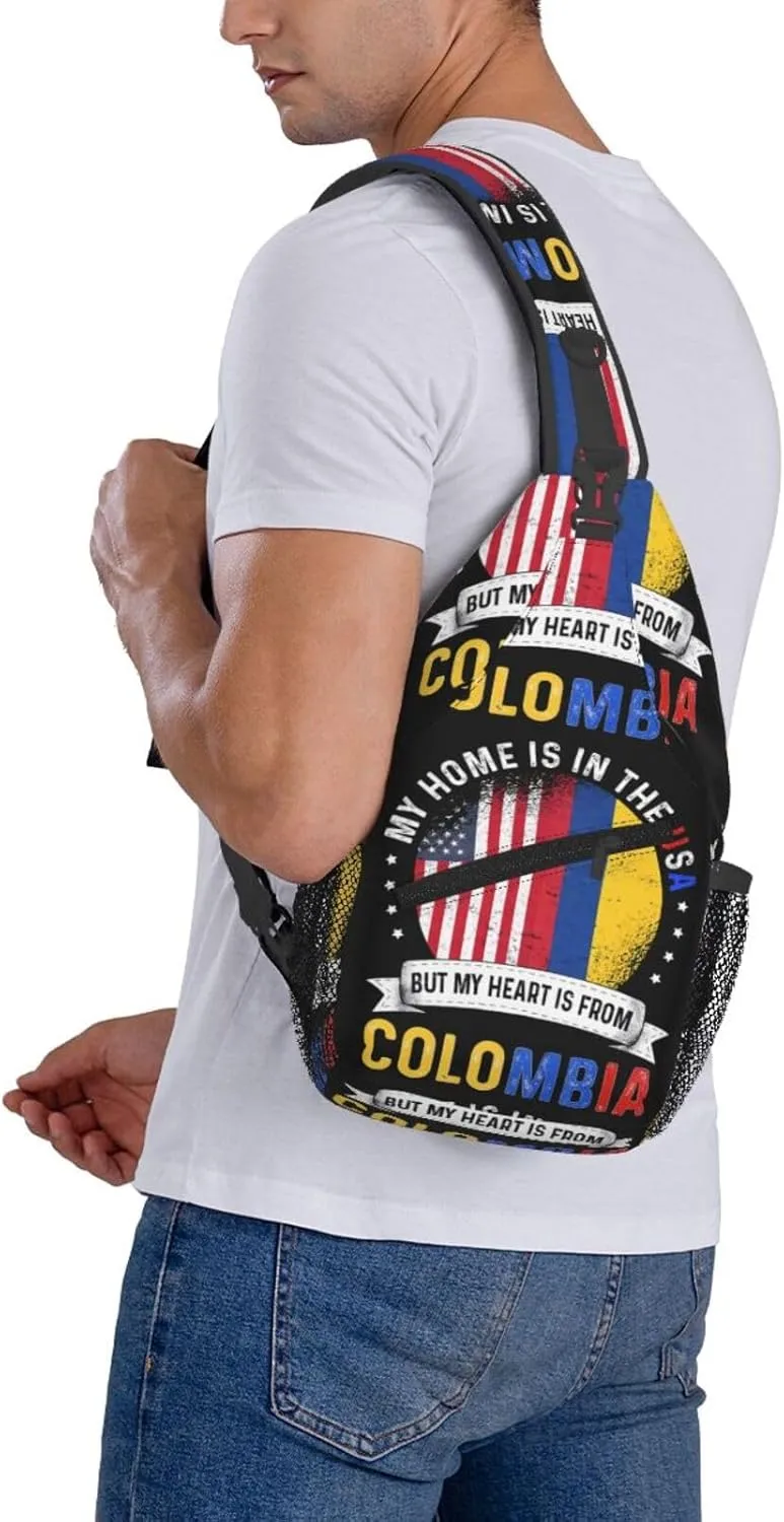 Colombian American Patriot Heart is From Colombia Flag Crossbody Bag Cross Chest Bag Adjustable Sling Backpack Sports Gym Shoulder Bags Travel Cycling Daypack Diagonally Casual Rucksack
