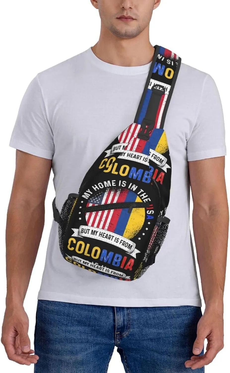 Colombian American Patriot Heart is From Colombia Flag Crossbody Bag Cross Chest Bag Adjustable Sling Backpack Sports Gym Shoulder Bags Travel Cycling Daypack Diagonally Casual Rucksack