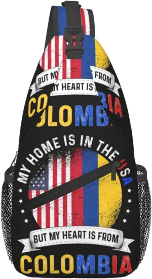 Colombian American Patriot Heart is From Colombia Flag Crossbody Bag Cross Chest Bag Adjustable Sling Backpack Sports Gym Shoulder Bags Travel Cycling Daypack Diagonally Casual Rucksack