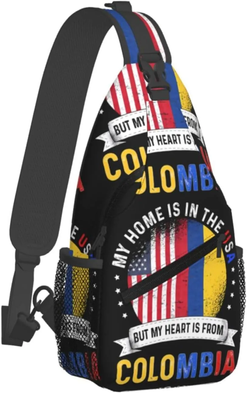 Colombian American Patriot Heart is From Colombia Flag Crossbody Bag Cross Chest Bag Adjustable Sling Backpack Sports Gym Shoulder Bags Travel Cycling Daypack Diagonally Casual Rucksack
