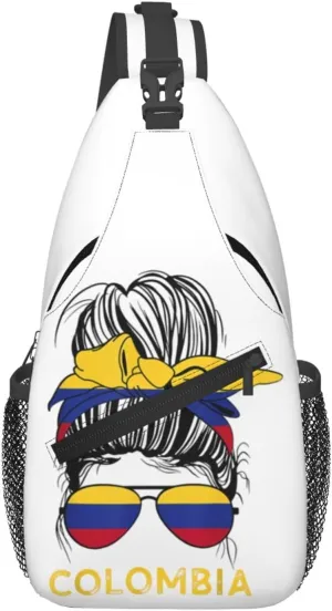 Colombian Woman Messy Hair Sunglasses Colombia Flag Chest Sling Bag Crossbody Shoulder Backpack Bag Gym Cycling Daypack Travel Hiking Cross Bag
