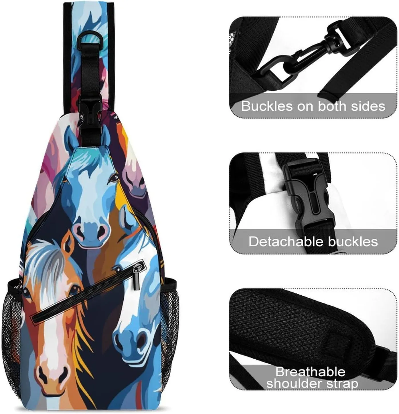 Colorful Cartoon Horses Sling Bag Crossbody Bags Cross Body Bag Fanny Packs Chest Bags Sling Purses for Travel