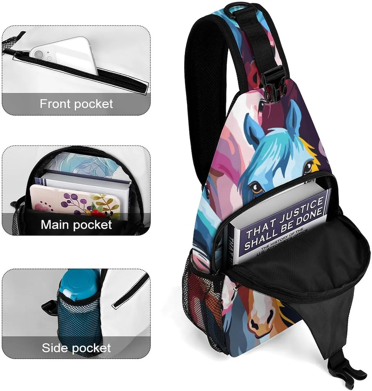 Colorful Cartoon Horses Sling Bag Crossbody Bags Cross Body Bag Fanny Packs Chest Bags Sling Purses for Travel