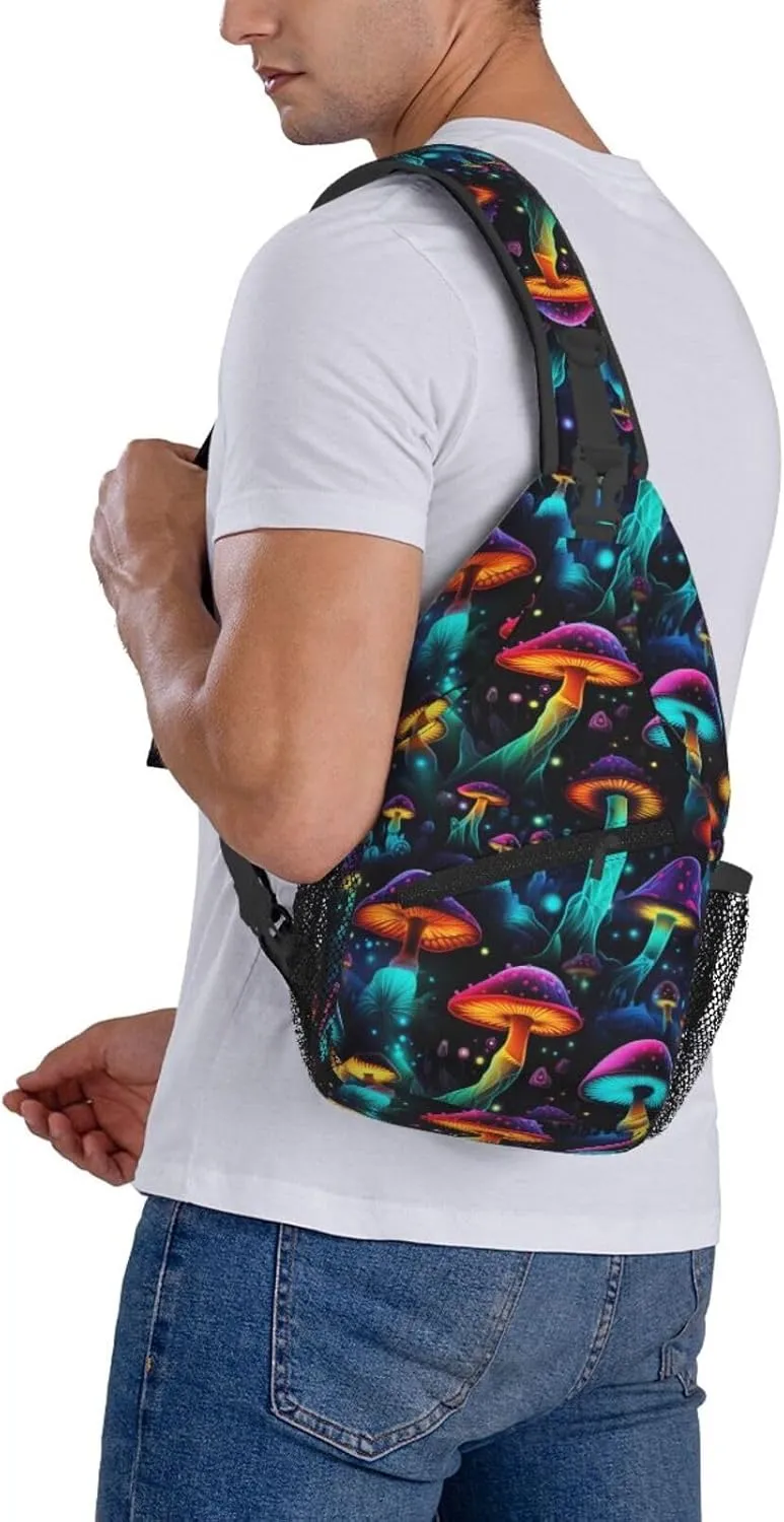 Colorful Mushrooms Sling Bag for Women Men, Adjustable Rope Crossbody Single Shoulder Bag for Travel Hiking Cycling Gift