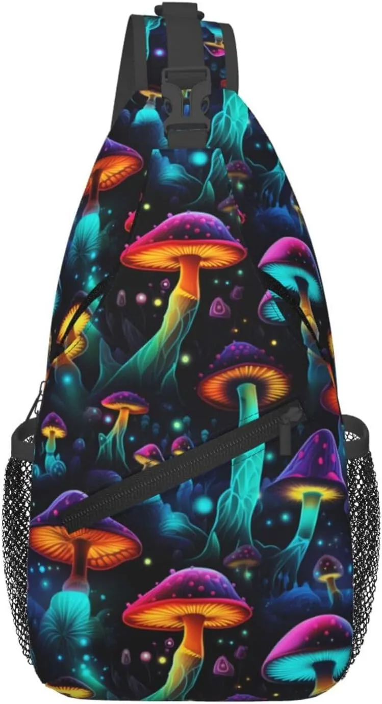 Colorful Mushrooms Sling Bag for Women Men, Adjustable Rope Crossbody Single Shoulder Bag for Travel Hiking Cycling Gift