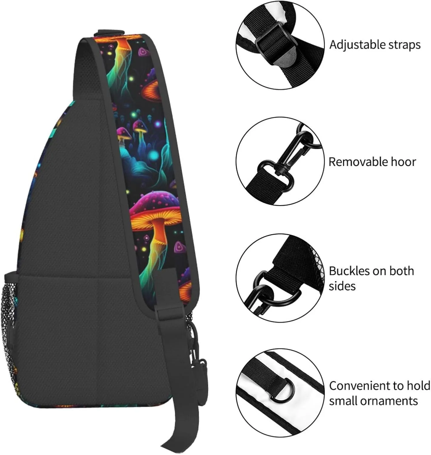 Colorful Mushrooms Sling Bag for Women Men, Adjustable Rope Crossbody Single Shoulder Bag for Travel Hiking Cycling Gift