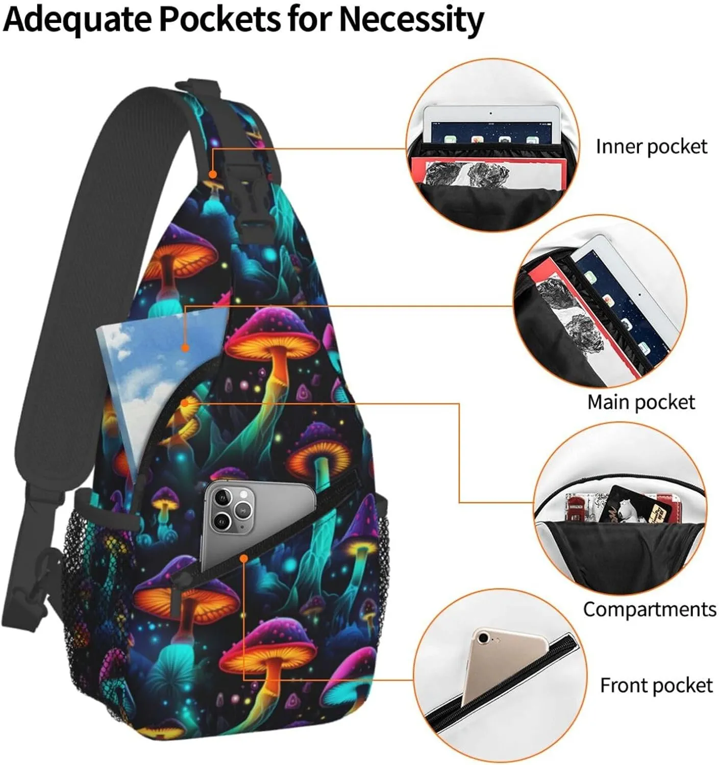 Colorful Mushrooms Sling Bag for Women Men, Adjustable Rope Crossbody Single Shoulder Bag for Travel Hiking Cycling Gift
