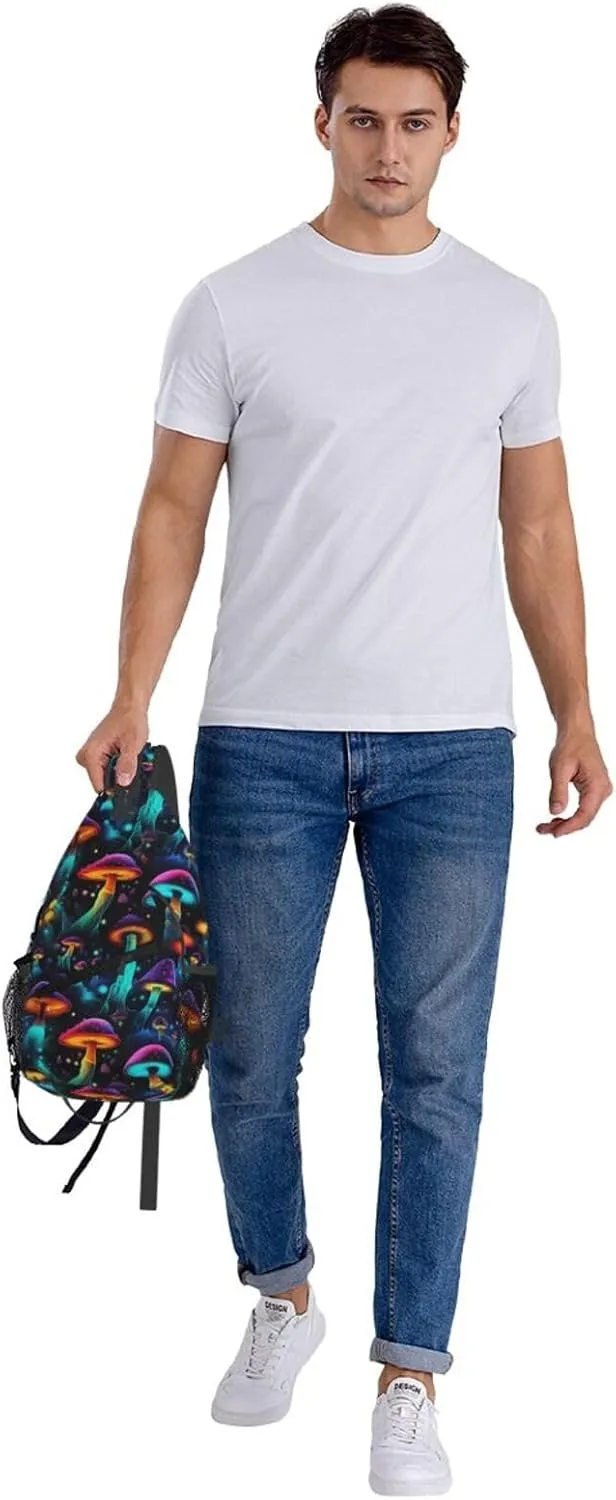 Colorful Mushrooms Sling Bag for Women Men, Adjustable Rope Crossbody Single Shoulder Bag for Travel Hiking Cycling Gift