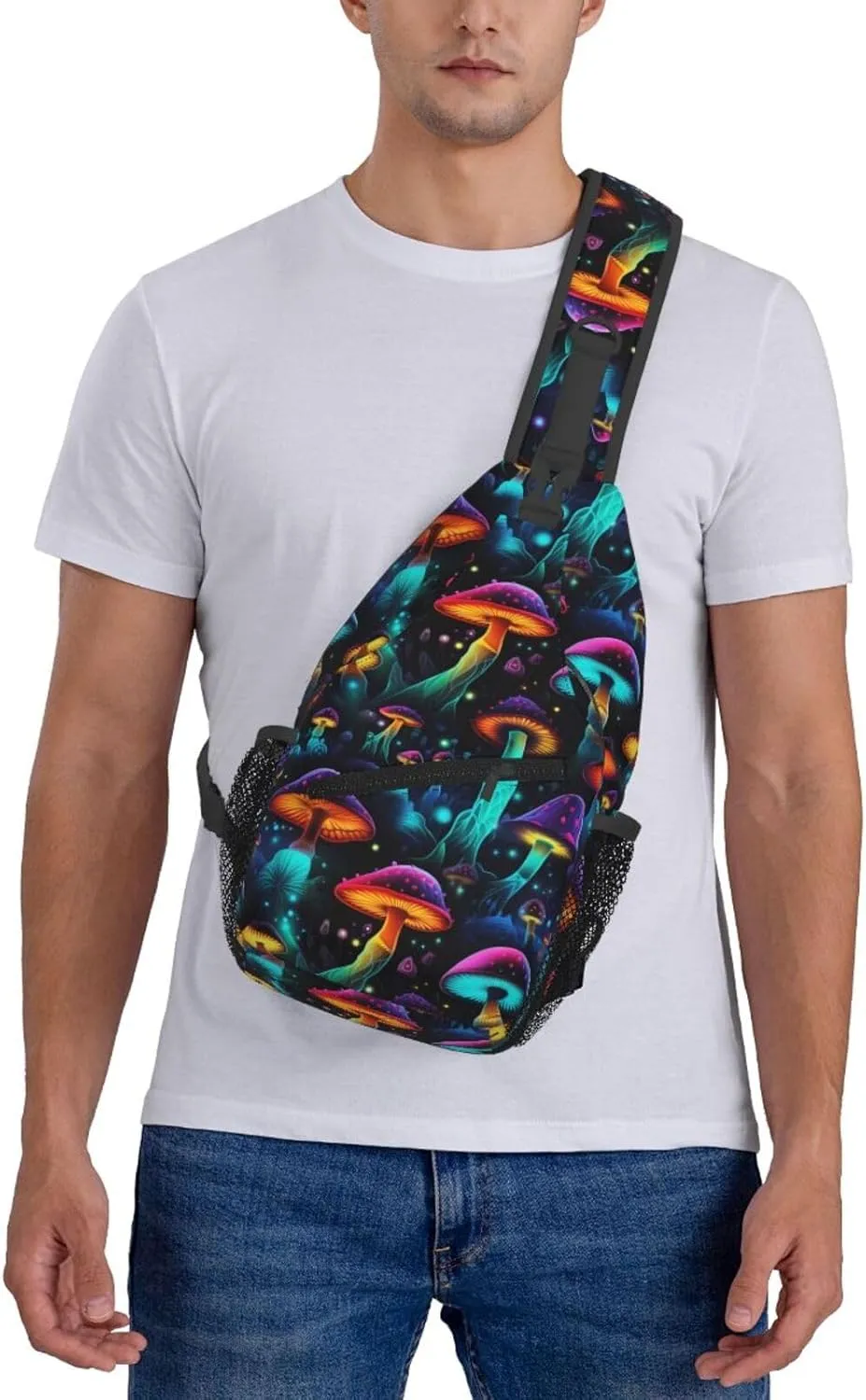 Colorful Mushrooms Sling Bag for Women Men, Adjustable Rope Crossbody Single Shoulder Bag for Travel Hiking Cycling Gift