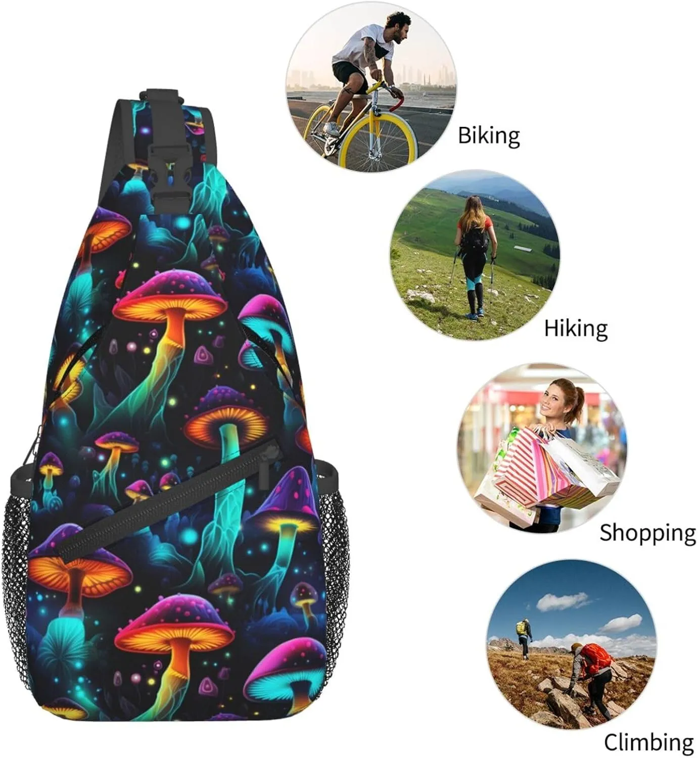 Colorful Mushrooms Sling Bag for Women Men, Adjustable Rope Crossbody Single Shoulder Bag for Travel Hiking Cycling Gift