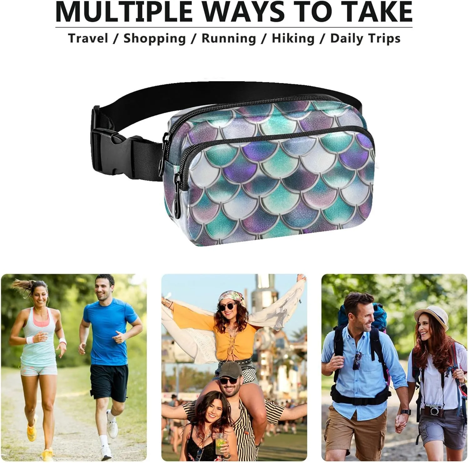 Colorful Scales Turquoise Fanny Packs for Women Pattern Large Hip Belt Bag Waterproof Waist Purse for Women