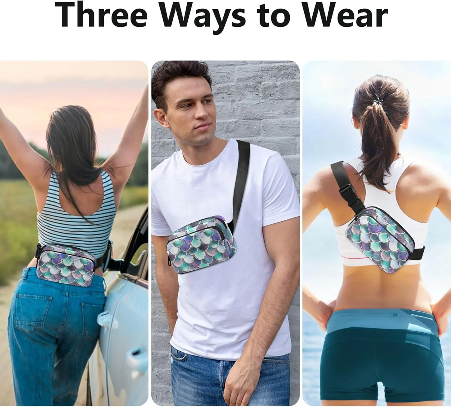 Colorful Scales Turquoise Fanny Packs for Women Pattern Large Hip Belt Bag Waterproof Waist Purse for Women