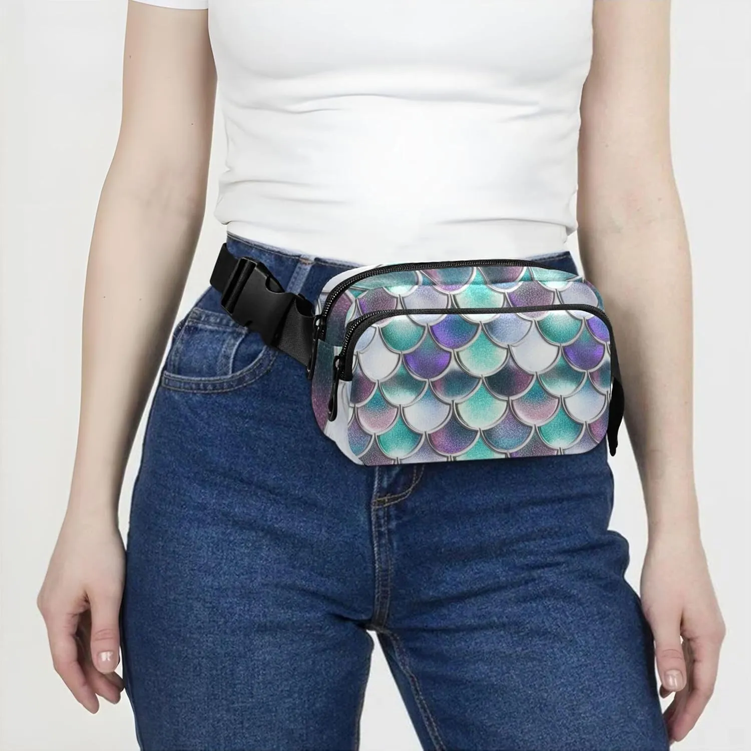 Colorful Scales Turquoise Fanny Packs for Women Pattern Large Hip Belt Bag Waterproof Waist Purse for Women