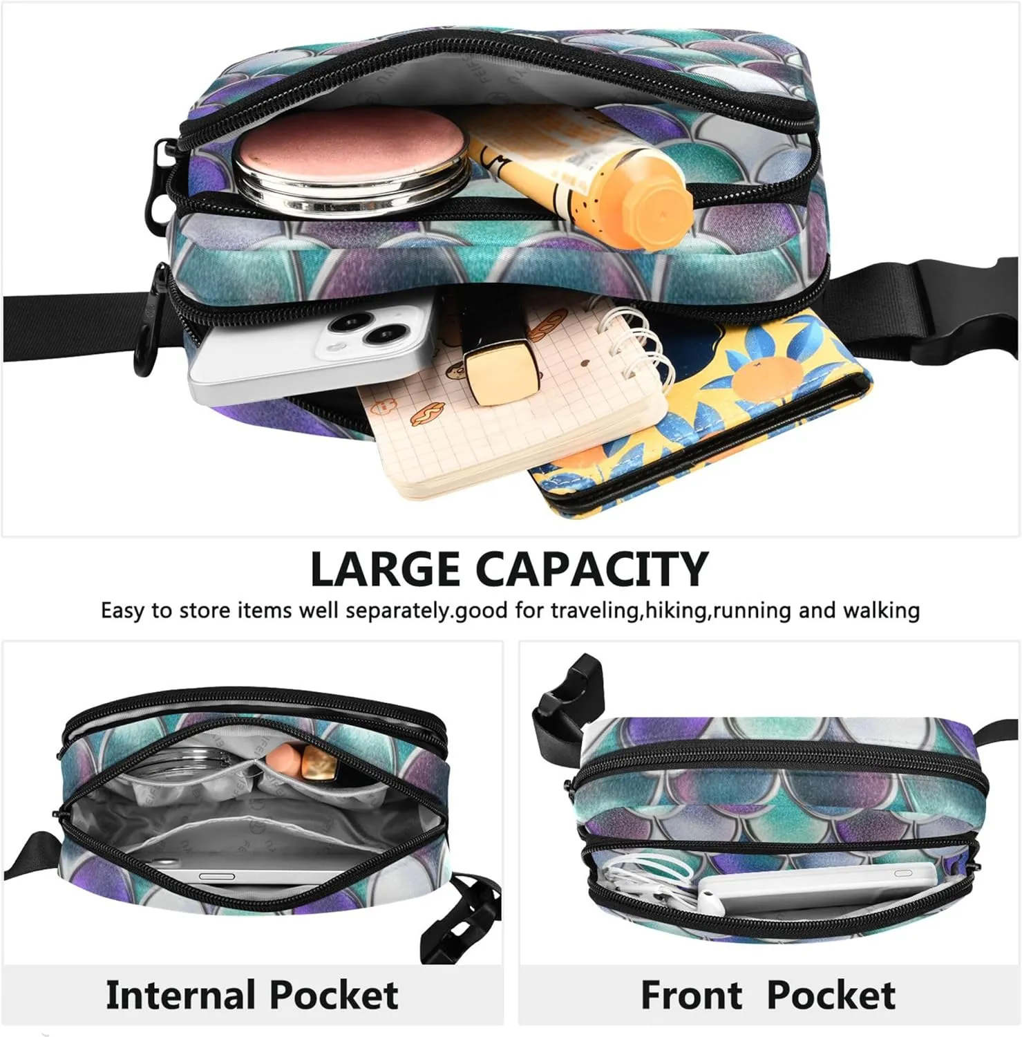 Colorful Scales Turquoise Fanny Packs for Women Pattern Large Hip Belt Bag Waterproof Waist Purse for Women