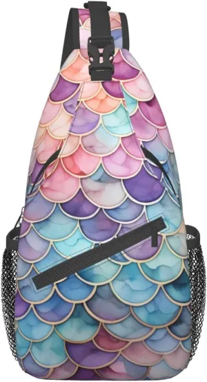 Colorful Sea Mermaid Scales Crossbody Sling Bag for Men Women Sling Backpack Shoulder Bag Casual Hiking Daypack Chest Bag for Travel Outdoor Sports